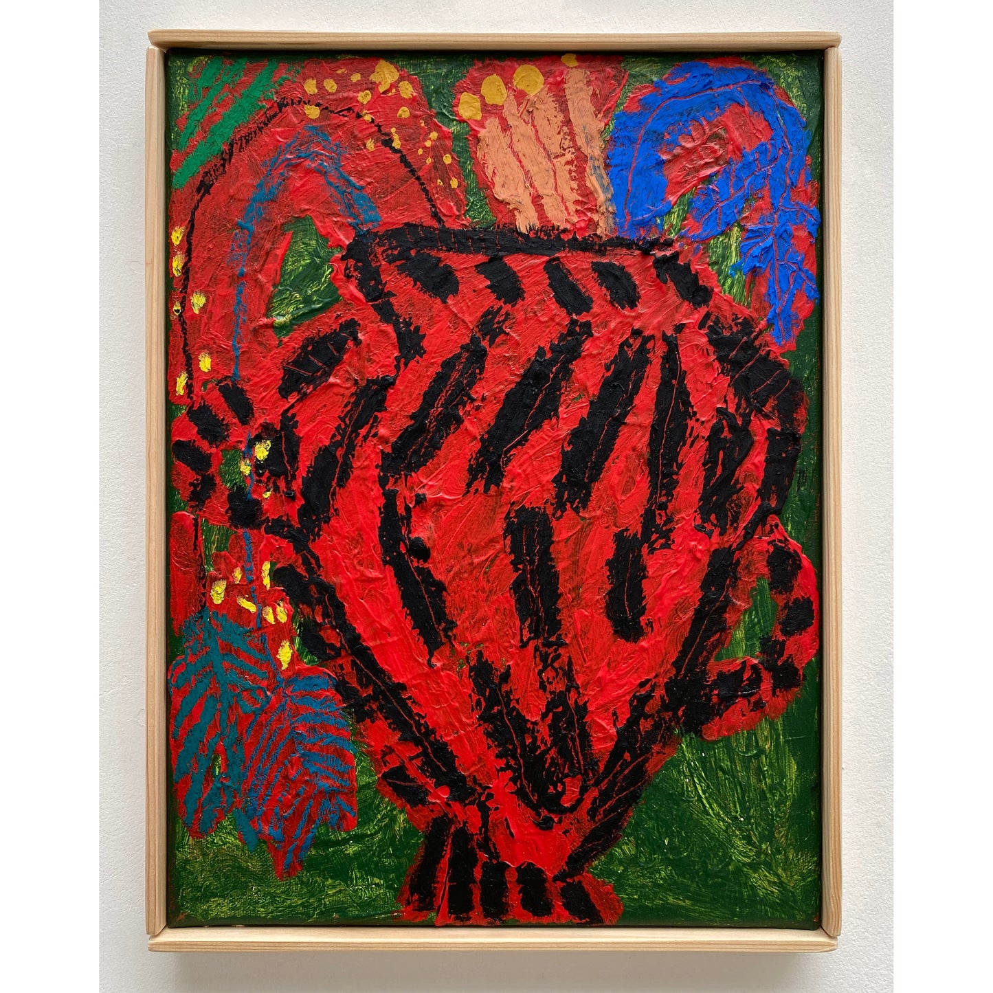 RED VASE OF MIMOSA ON DEEP GREEN, by Rosa Roberts