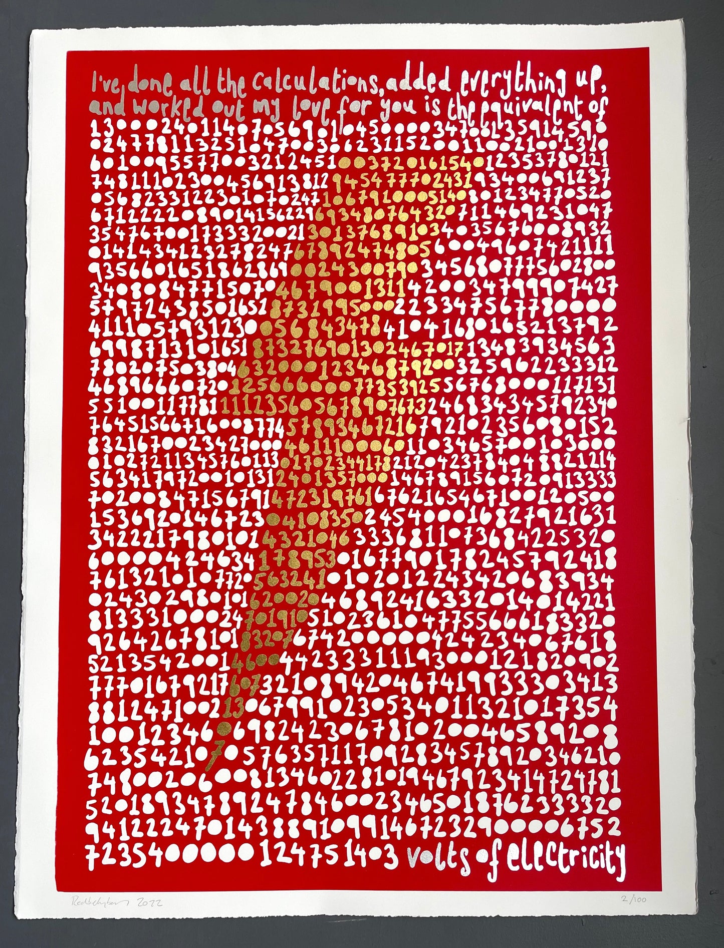'Love Struck' hand pulled screenprint on 300gsm Somerset Satin paper. Hand finished with 24 carat gold leaf and silver leaf by RedBellyBoy