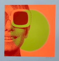 'Sunny Side Up!' original hand pulled silk screen print by Nathalie Kingdon. Orange and Yellow 1960s girl in sunglasses print. Limited Edition of 21.