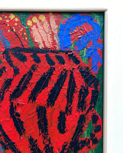 RED VASE OF MIMOSA ON DEEP GREEN, by Rosa Roberts
