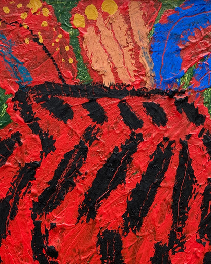 RED VASE OF MIMOSA ON DEEP GREEN, by Rosa Roberts