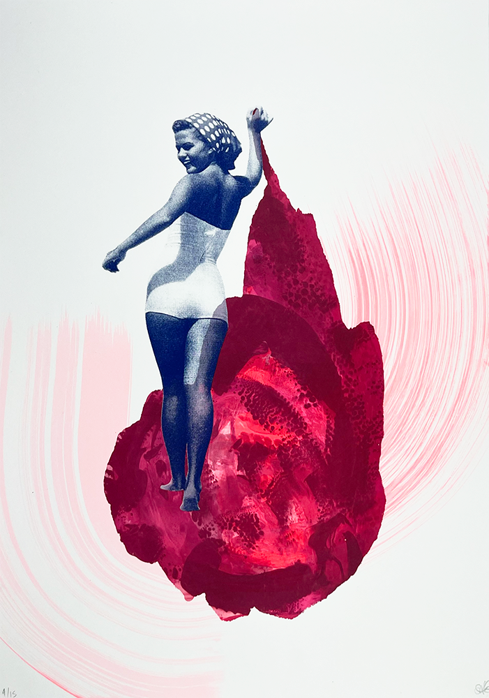 'Beach Girl' monoprint, screen print and hand finished swoosh Somerset Satin 410gsm paper The monoprint element makes each print unique by Amy Gardner